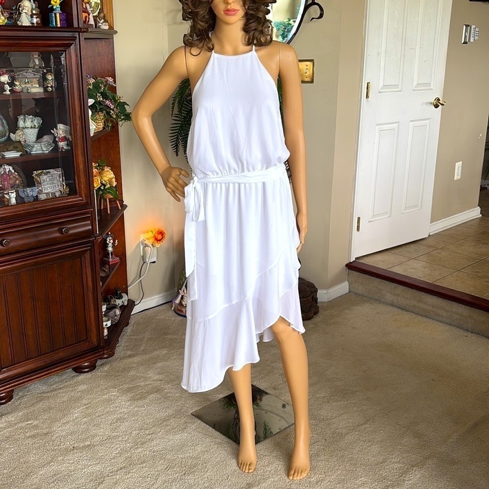 Brand New Express White Dress Belted Ruffle Bow Tie High Neck Mock Halter